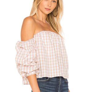 L’ACADEMIE The Puff Sleeve off the shoulder top in taupe gingham print
